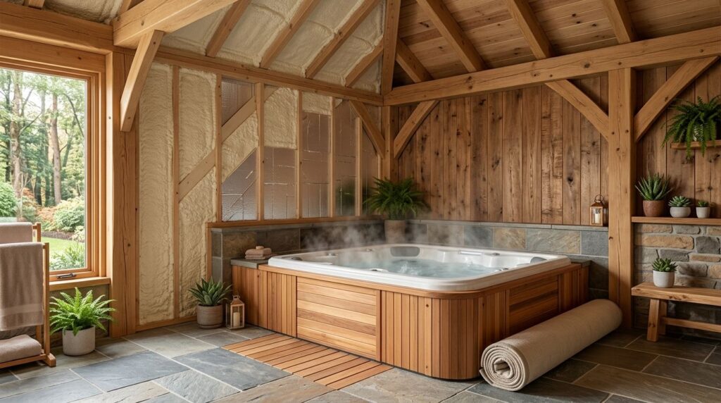 Insulation for hot tub and spa rooms