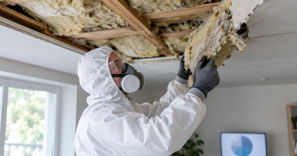 Can insulation removal disturb asbestos in an old ceiling?